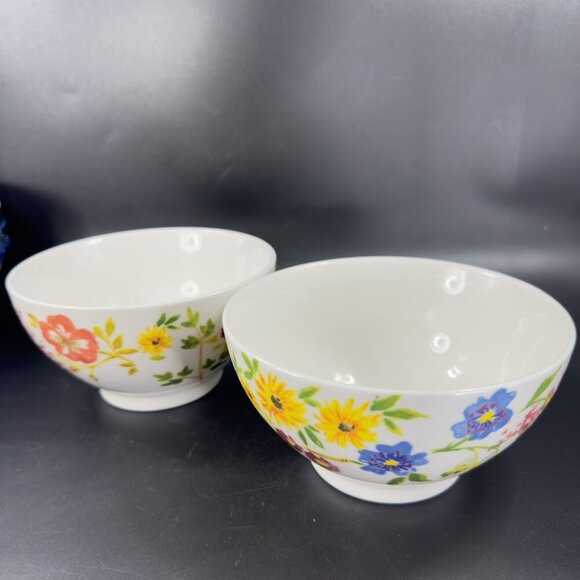 ANTHROPOLOGIE Ceramic Deep Dish Bowl Set 2 Dishes Bowls Flower Multicolor Pair - Picture 15 of 16